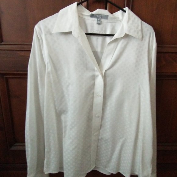 Foxcroft Tops - Foxcroft White on White Polka Dot Blouse